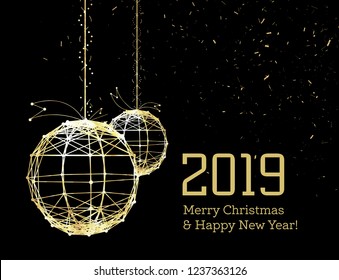 Bolas navideñas de Año Nuevo, en luminosas cintas doradas, al estilo art deco. Esferas geométricas doradas, en forma de puntos conectados por líneas con brillos. Oro en estilo oscuro. Vector