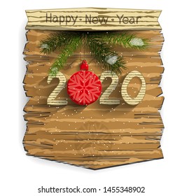 New Year's or Christmas banner with Christmas-tree red ball and numbers on a wooden panel. Isolated element on white background.