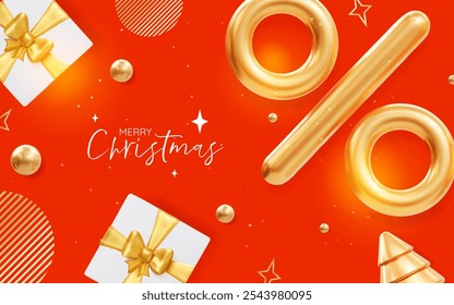 New Year's Christmas banner with gifts and a percentage sign on a red background. For greeting cards, holiday invitations, posters, or other decorative materials related to Christmas