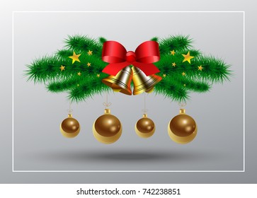 New Year's Christmas bell with a red bow and gold glass balls against the background of green fir branches.