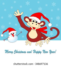 New Year's and Christmas card with an amusing monkey, snowman and the congratulatory text.