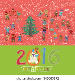 New Year's or Christmas card with funny cartoon kids and a snowman with a broom. The figures from 2016 are laid out figures of children and Christmas tree. Christmas flash mob.