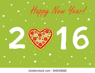 New Year's or Christmas card with pizza in the shape of a heart. Creative happy new year 2016 design. Vector illustration.