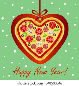 New Year's or Christmas card with pizza in the shape of a heart with snowflakes on mint background. Creative happy new year 2016 design. Vector illustration.