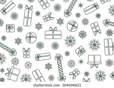 New Year's and Christmas. Circuit. Festive template from decorated snowflakes and gift boxes on a white background. Vertical layout. Vector illustration.