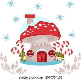 New Year's Christmas cozy house made of amanita mushroom for Santa's helper. the elf's house in the form of a snow-covered winter mushroom. cozy winter home for a Christmas card.