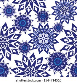 New Year's and Christmas. Festive seamless pattern with snowflakes and christmas stars for packages, decorations, fabrics, gifts.