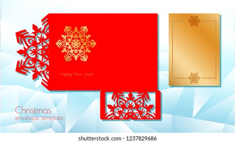 New Year's and Christmas. Folding template of a festive envelope for laser cutting or die-cutting. A snowflake pattern on a greeting card is suitable for invitations, menus. Vector illustration.