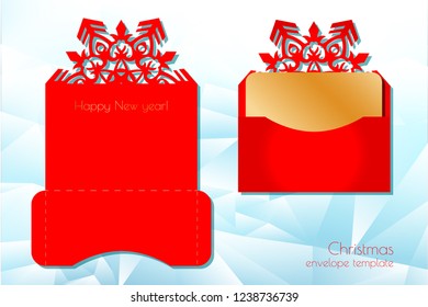 New Year's and Christmas. Folding template of a festive envelope for laser cutting or die-cutting. A snowflake pattern on a greeting card is suitable for invitations, menus. Vector illustration.