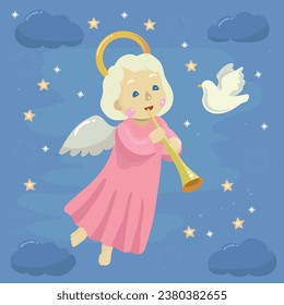 New Year's Christmas greeting vector card with the little flying angel with flute in a night stars sky