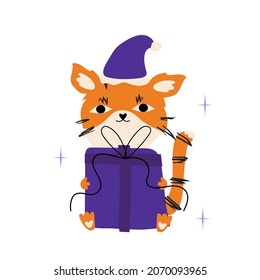 New Year's and Christmas hand-drawn tiger sits with a gift in its paws and smiles. Flat vector illustration