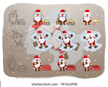 New years and Christmas icons of Santa Claus with a big bag of a presents vector illustration