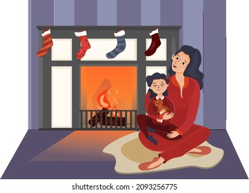 New Year's Christmas image of a mother and daughter by the fireplace before the holiday, socks with gifts on the fireplace, a girl sleeping in her mother's arms