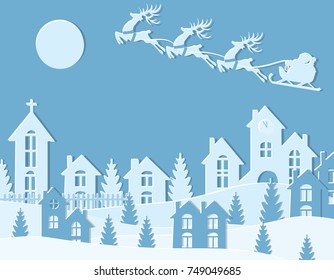 New Year's Christmas. An image of Santa Claus and deer. Winter city in the New Year. Snow, moon, trees, houses, temple. Cut from paper. Vector illustration