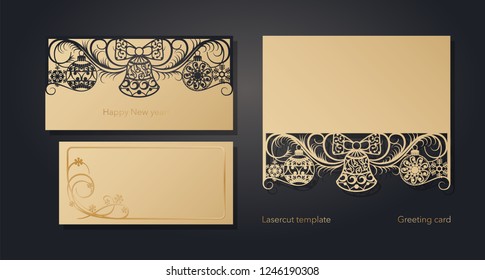 New Year's and Christmas. Laser greeting card template, invitations for New Year events. Winter openwork, snow pattern from craft paper, cardboard, gold embossed insert card. Vector illustration.