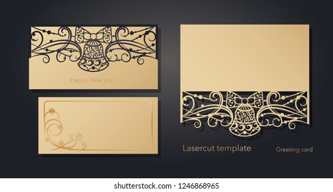 New Year's and Christmas. Laser greeting card template, invitations for New Year events. Winter openwork, snow pattern from craft paper, cardboard, gold embossed insert card. Vector illustration.