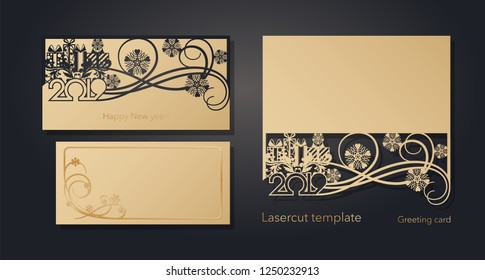 New Year's and Christmas. Laser greeting card template, invitations for New Year events. Winter openwork, snow pattern from craft paper, cardboard, gold embossed insert card. Vector illustration.