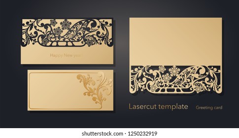 New Year's and Christmas. Laser greeting card template, invitations for New Year events. Winter openwork, snow pattern from craft paper, cardboard, gold embossed insert card. Vector illustration.