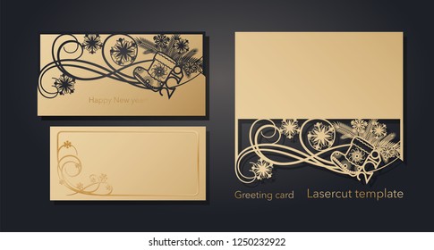 New Year's and Christmas. Laser greeting card template, invitations for New Year events. Winter openwork, snow pattern from craft paper, cardboard, gold embossed insert card. Vector illustration.