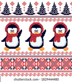 New Year's Christmas pattern pixel in penguins vector illustration EPS