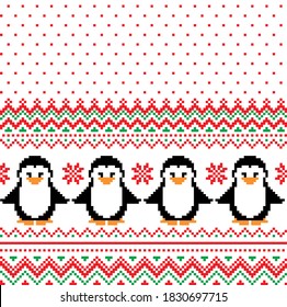 New Year's Christmas pattern pixel with penguins vector illustration eps