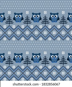 New Year's Christmas pattern pixel with owls vector illustration eps