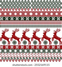 Ilustração de vetor de pixel padrão de Natal do Ano Novo com verde e vermelho, perfeito para decorações festivas, têxteis temáticos de férias, Tradicional étnica, étnica, cultura, tecido