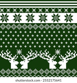 New Year's Christmas pattern pixel vector illustration with green. Scandinavian Norwegian Sweater, Traditional ethnic, ethnic, culture, fabric
