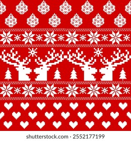 New Year's Christmas pattern pixel vector illustration with red. Scandinavian Norwegian Sweater, Traditional ethnic, ethnic, culture, fabric