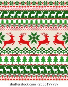 New Year's Christmas pattern pixel, card - scandynavian Norwegian sweater style.Traditional pixel ethnic pattern. Knitted Christmas Sweater Pattern Design or Cross Stitch Embroidery. Vector seamless 