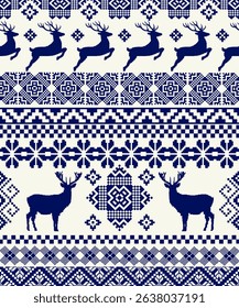 New Year's Christmas pattern pixel, card - scandynavian Norwegian sweater style.Traditional pixel ethnic pattern. Knitted Christmas Sweater Pattern Design or Cross Stitch Embroidery. Vector seamless