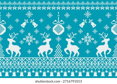 New Year's Christmas pattern pixel, card - scandynavian Norwegian sweater style.Traditional pixel ethnic pattern. Knitted Christmas Sweater Pattern Design or Cross Stitch Embroidery. Vector seamless