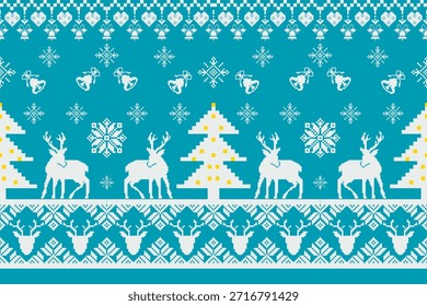 New Year's Christmas pattern pixel, card - scandynavian Norwegian sweater style.Traditional pixel ethnic pattern. Knitted Christmas Sweater Pattern Design or Cross Stitch Embroidery. Vector seamless