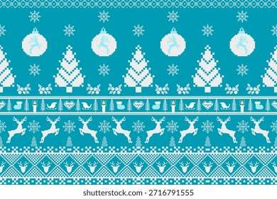 New Year's Christmas pattern pixel, card - scandynavian Norwegian sweater style.Traditional pixel ethnic pattern. Knitted Christmas Sweater Pattern Design or Cross Stitch Embroidery. Vector seamless