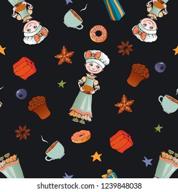 New Year's Christmas pattern.Little girl with festive pastries,blueberries,star Anise, gifts and tea.