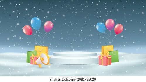 New Year's Christmas podium with balloons, gifts on background of falling snow and drifts. New Years scene for sales.