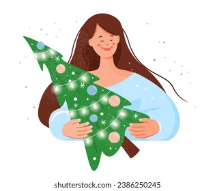 Año Nuevo y Navidad. Preparándose para las vacaciones de invierno. Comprando abeto de Navidad. Postal de Año Nuevo. Ilustración vectorial en estilo plano