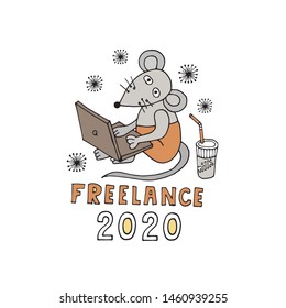 New Year's Christmas print with a mouse freelancer 
and the inscription 2020 new year