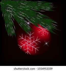 
New Year's and Christmas. Red ball on a spruce branch.