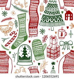 New Year's Christmas seamless pattern. Winter vintage ornament. Holiday celebration design. Vector illustration.
