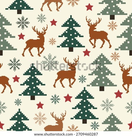 New Year's Christmas seamless pattern pixel, card - scandynavian Norwegian sweater style.Traditional pixel ethnic pattern. Knitted Christmas Sweater Pattern Design or Cross Stitch Embroidery.