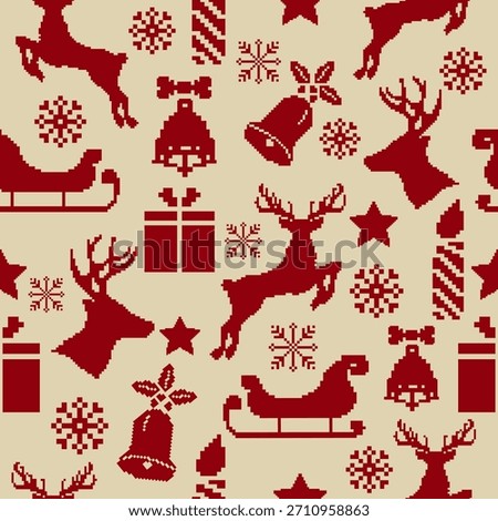 New Year's Christmas seamless pattern pixel, card - scandynavian Norwegian sweater style.Traditional pixel ethnic pattern. Knitted Christmas Sweater Pattern Design or Cross Stitch Embroidery.