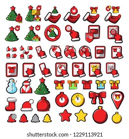 New Year's Christmas Set. Flat style icon with black outline. Symbol. Sign. Stock Vector Illustration. Transparent. White Isolated.