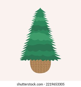 New Year's and Christmas traditional tree symbol. Live Christmas tree in a pot. Eco New Year tree. An artificial Christmas tree. Merry Christmas and Happy New Year.