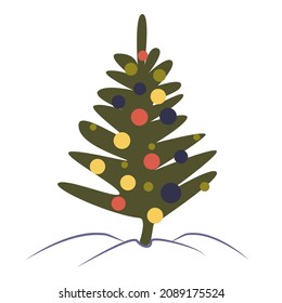 A New Year's or Christmas tree, decorated with balls, stands in a snowdrift. Festive illustration without background for New Year's design of backgrounds, cards and more.