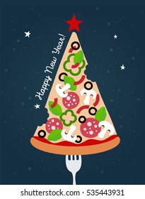 New Year's and Christmas tree in the form of a pizza on a fork on a dark background with stars