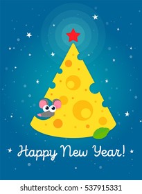 New Year's and Christmas Tree in Side cheese with holes, a mouse and a star on a blue background