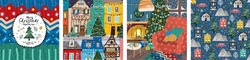 New Year's And Christmas! Vector Illustrations Of A Christmas Tree, City, Houses, Streets, Pattern And A Cozy Festive Living Room For A Postcard, Congratulation, Background Or Poster.
