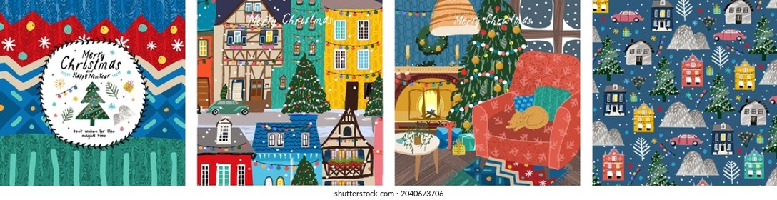 New Year's and Christmas! Vector illustrations of a Christmas tree, city, houses, streets, pattern and a cozy festive living room for a postcard, congratulation, background or poster.