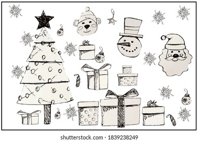 New Year's and Christmas. Winter holidays. Christmas tree with toys. Santa Claus, Santa Claus, bear, snowman. Gifts in boxes. Beautiful snowflakes. Set of vector isolated objects.